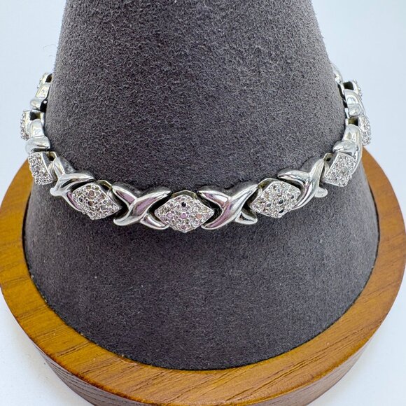 VTG Sterling Silver 925 Illusion Stone X Link Chain BRacelet Size 7.5" Length - Picture 1 of 10